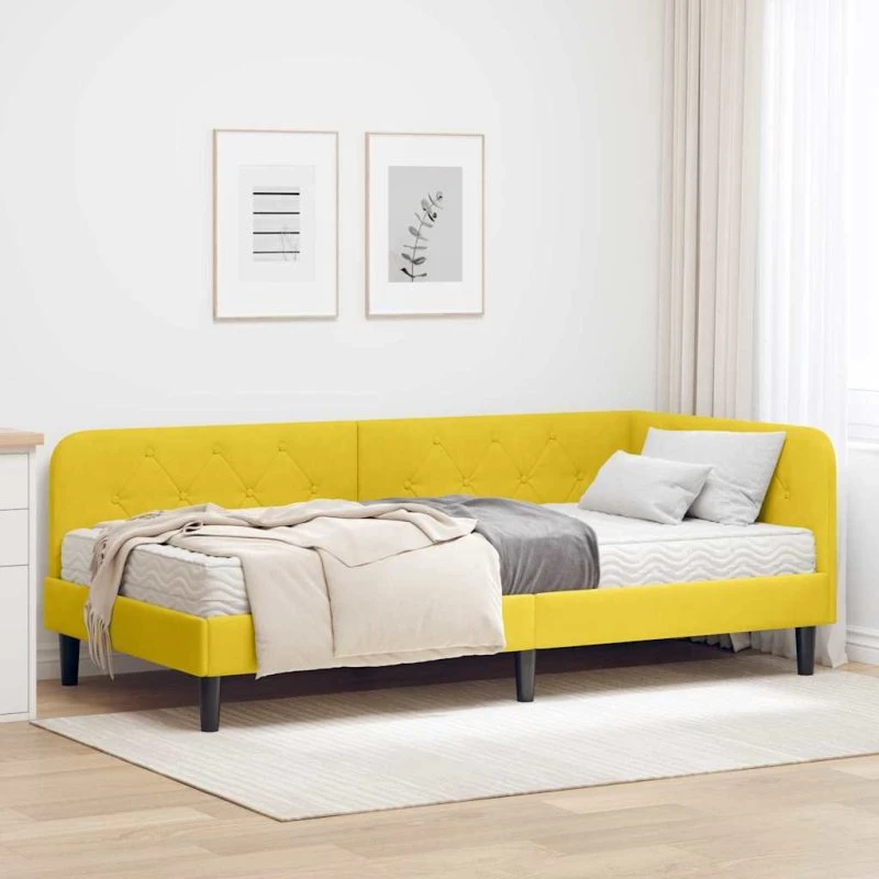 Hjørneseng 90x190 cm i gul fløjl - L-formet ramme