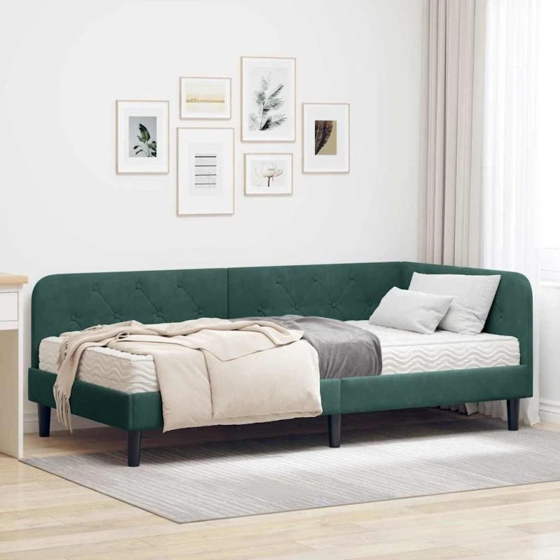 Hjørnesengramme L-formet Fløjl Mørkegrøn 90x200 cm