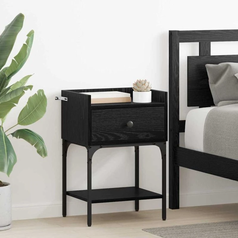Sengebord med skuffe Sort eg 40x29x60 cm - Konstrueret træ