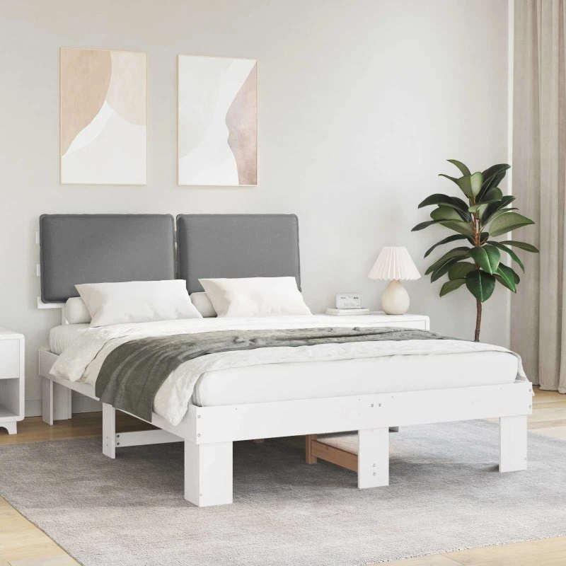 Sengestel 135x190 cm med polstret hovedgavl, lysegrå