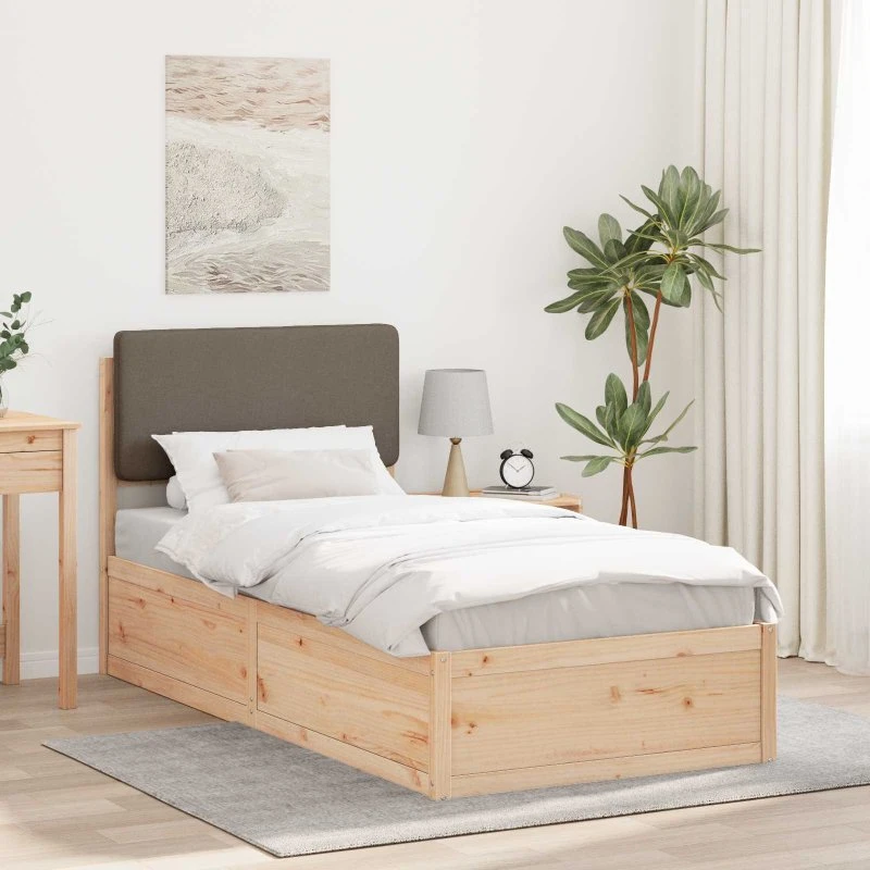 Sengestel 75x190 cm med polstret hovedgavl i fyrretræ