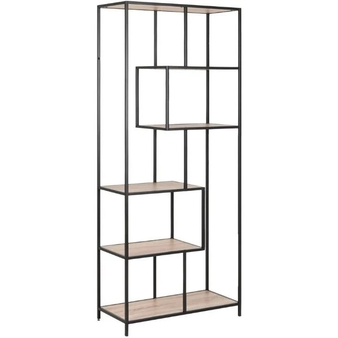 Seaford bogreol - sort stel & Sonoma eg, 5 hylder (77x35x185 cm)