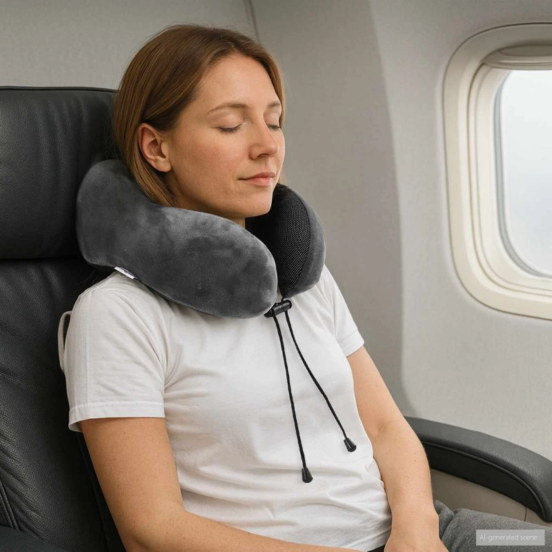 Rejse nakkepude i grå fløjl med memory skum 27x26x14 cm