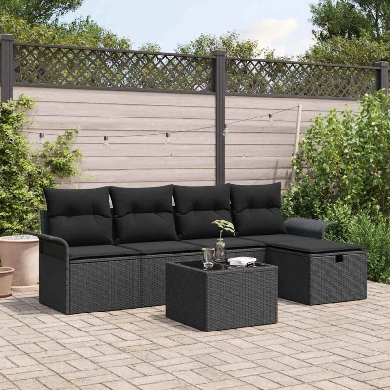 Modul Havesofa 6-del i Sort Poly Rattan med Opbevaring