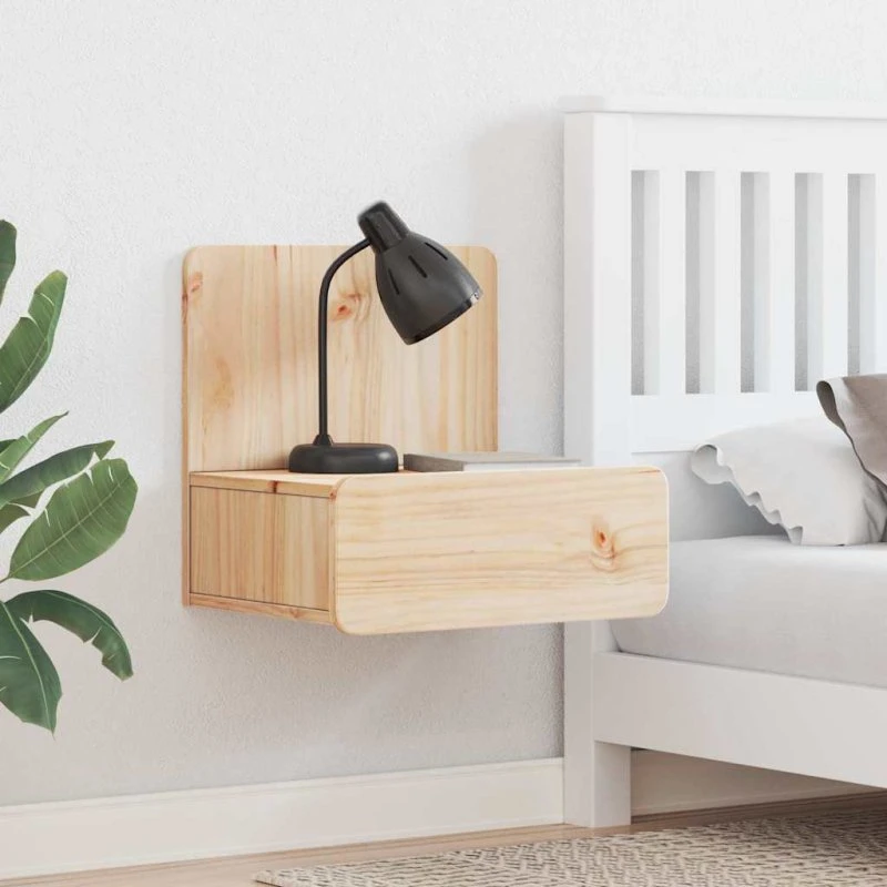 Sengebord i massivt fyrretræ med skuffe, brun 44×32,5×40