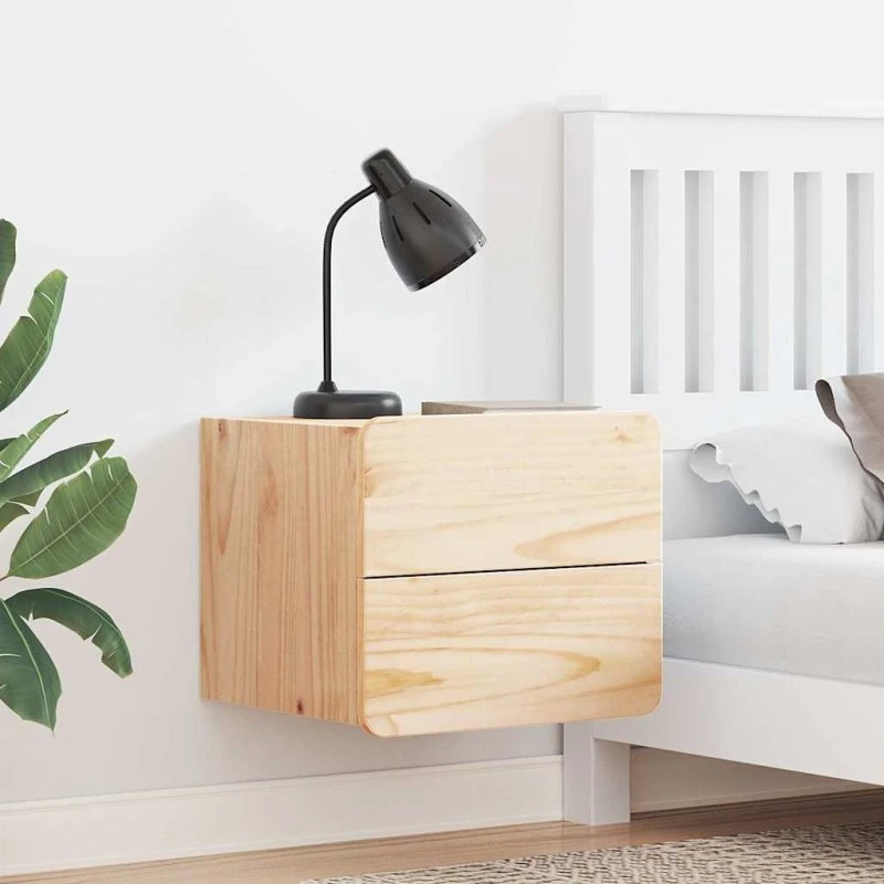 Vægmonteret sengebord i massivt fyrretræ, 2 stk (39×34×33 cm)