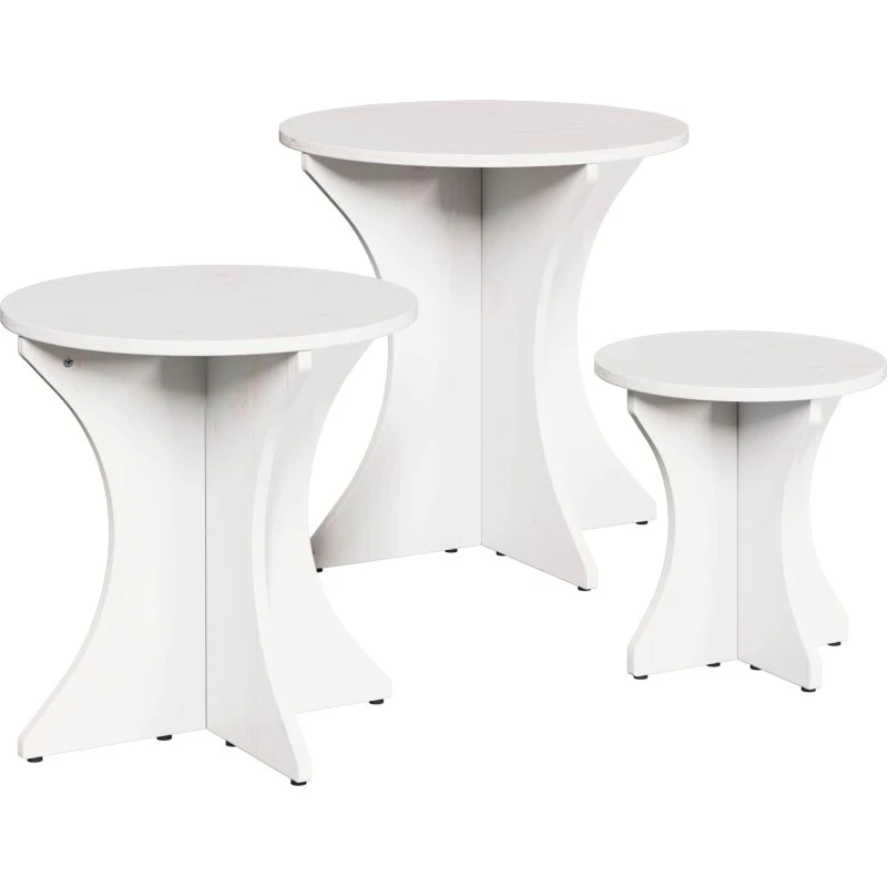 Sæt 3 stk sofaborde i massivt fyrretræ – hvid, rundt