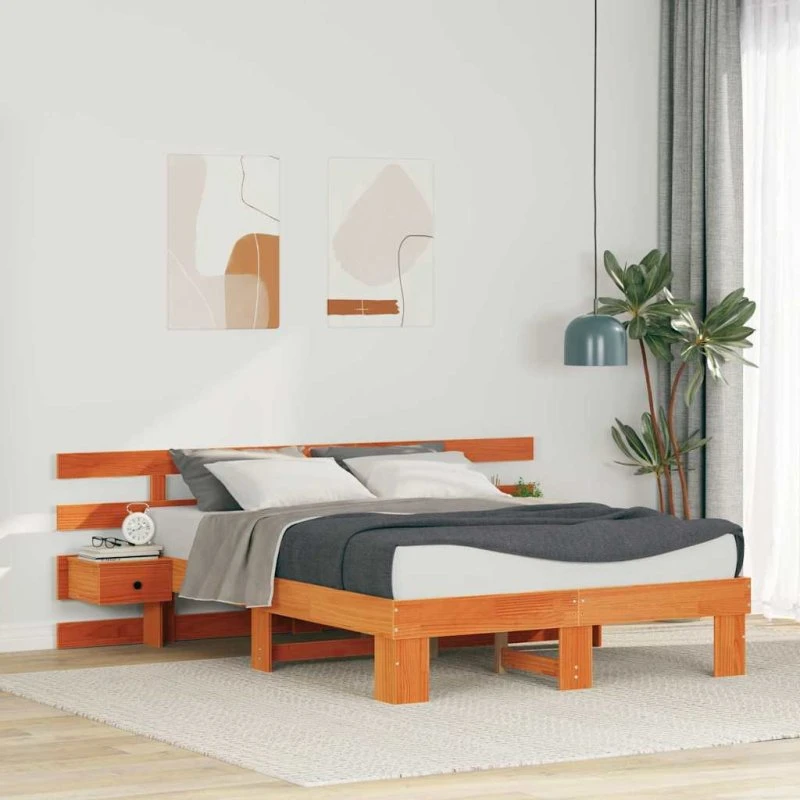 Sengestel 135x190 cm i massivt fyrretræ, brun med skuffe