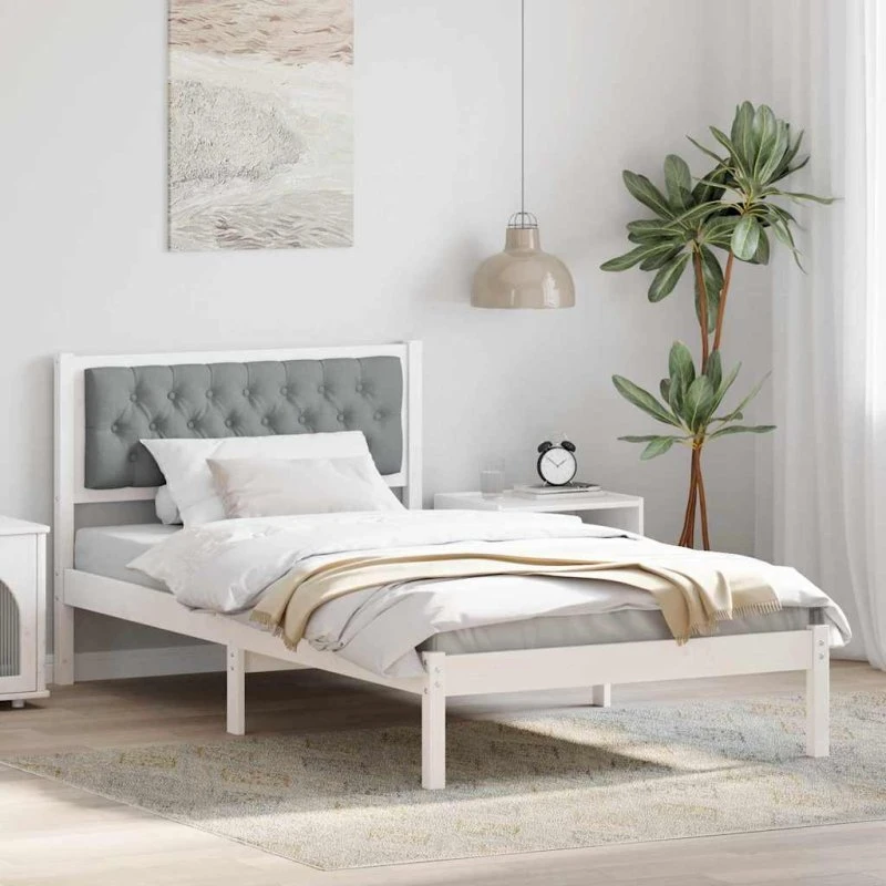Sengestel massiv fyrretræ 100x200 cm med hovedgærde, lysegrå