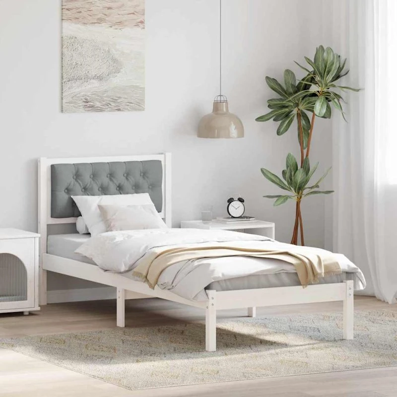Sengestel i massivt fyrretræ med hovedgærde, 80x200 cm – lysegrå