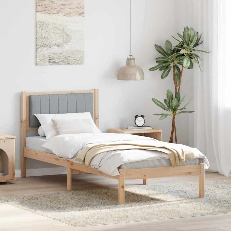 Sengestel 75x190 cm med polstret hovedgærde, lys grå