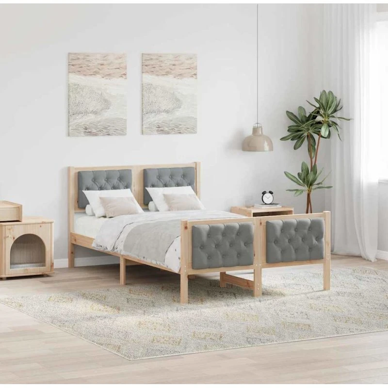 Sengestel med hovedgærde Lysegrå 135x190 cm i massiv fyrretræ