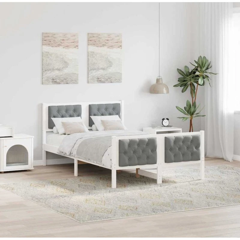 Sengestel med hovedgærde lysegrå 135x190 cm i massiv fyrretræ