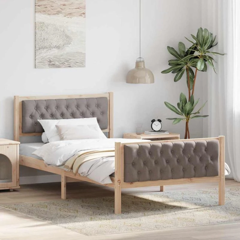 Sengestel 100 x 200 cm, gråbrun polstret hovedgærde (fyrretræ)