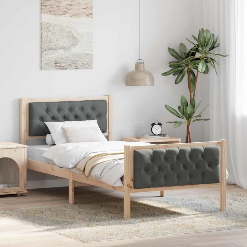 Sengestel med polstret hovedgærde 90 x 190 cm — mørkegrå fyrretræ