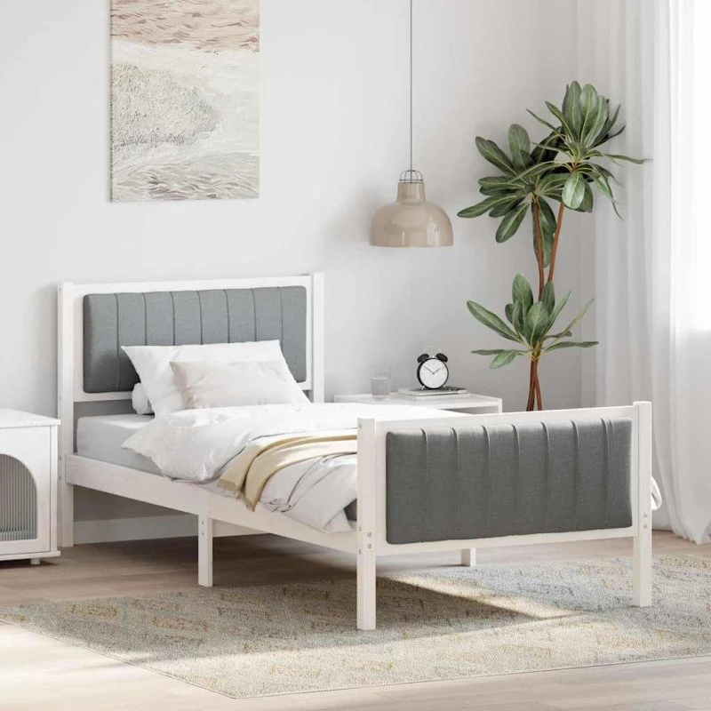 Sengestel 90x200 Hvid/Lysgrå i Massivt Fyrretræ