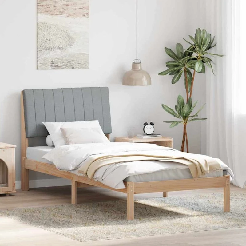Sengestel 90x200 i massivt fyrretræ med polstret hovedgærde, brun