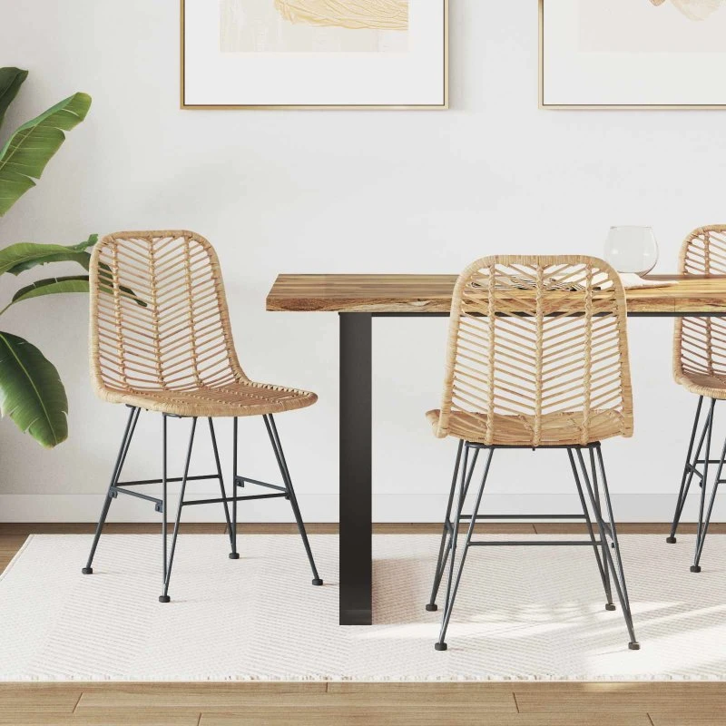 Spisestuestole 2 stk Natur rattan & jern, høj ryg