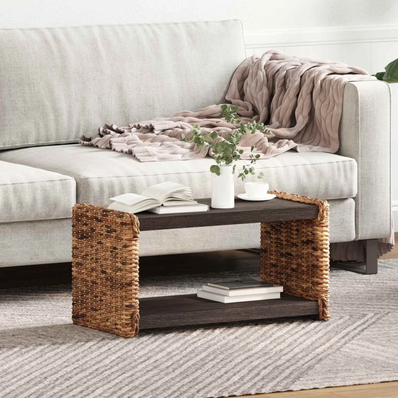 Sofabord i massiv mahogni med rattan, naturfarvet