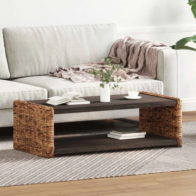 Sofabord i massiv mahogni med rattan, natur 110x55x35 cm