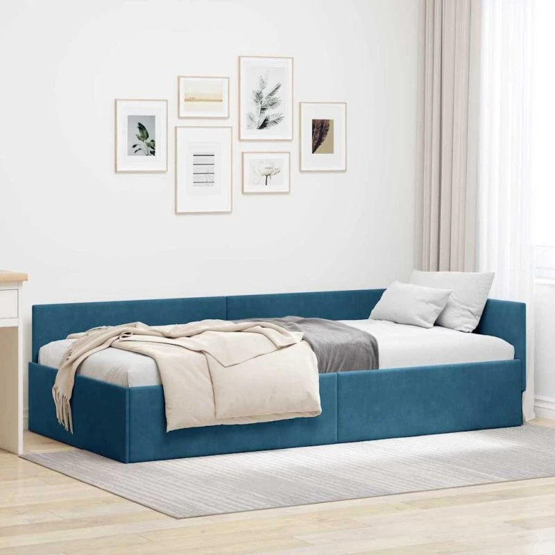 Hjørnesengramme 80x200 cm i blå fløjl med sengegavl