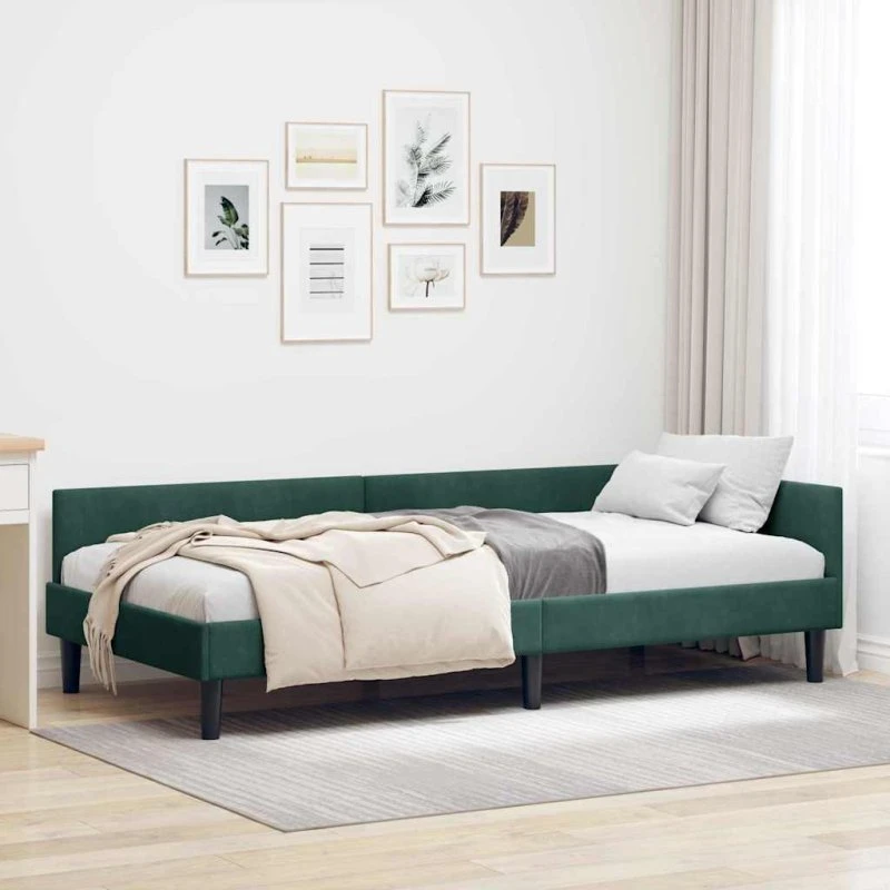 Hjørnesengramme Mørkegrøn 90x190 Velour & Krydsfiner