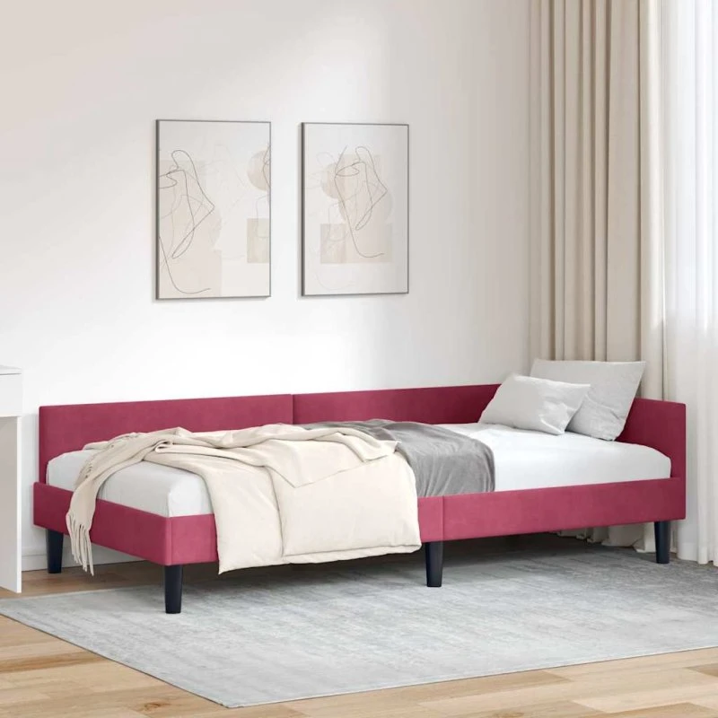 Hjørnesengramme vinrød velour 90x190 cm