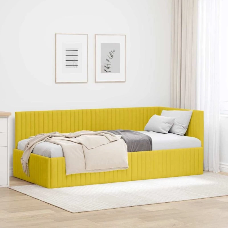 Hjørnesengramme i gul fløjl 90x190 cm med hovedgærde