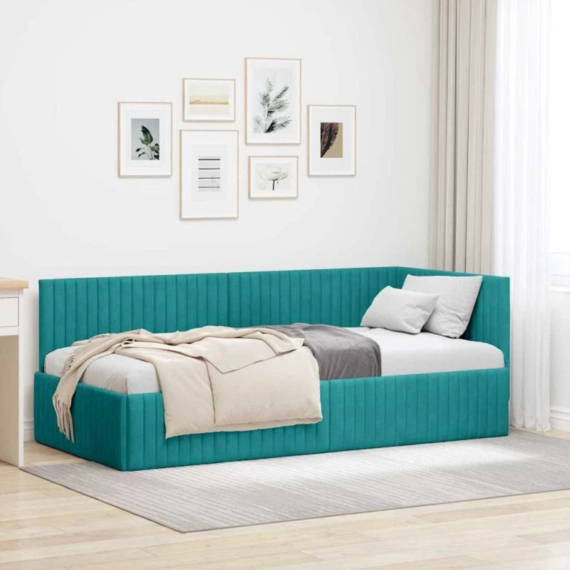Hjørnesengramme i fløjl 90x190 cm – Turkis