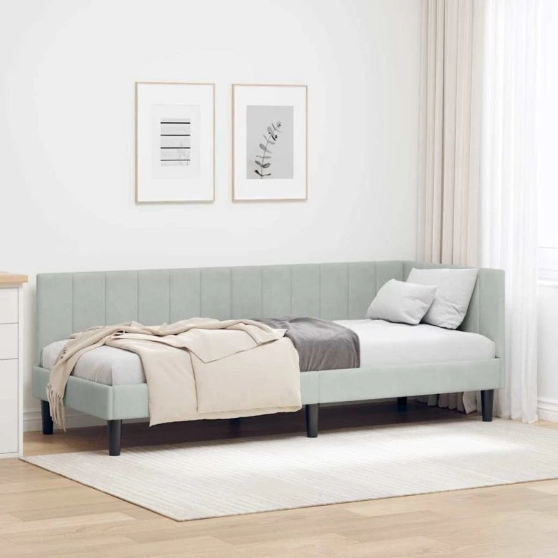 Hjørnesengramme i lysegrå fløjl 80x200 cm med hovedgærde