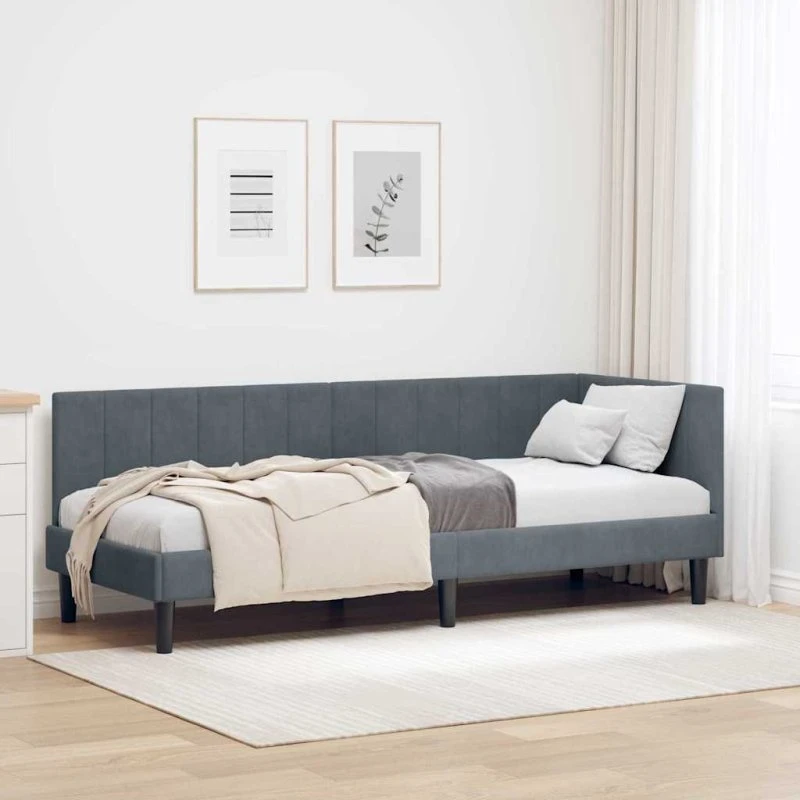 Hjørnesengramme i fløjl m. hovedgærde 80x200 cm - Mørkegrå