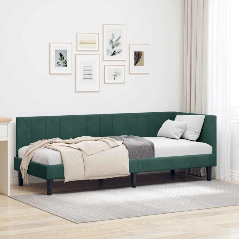Hjørnesengramme i mørkegrøn fløjl 80x200 cm med hovedgærde