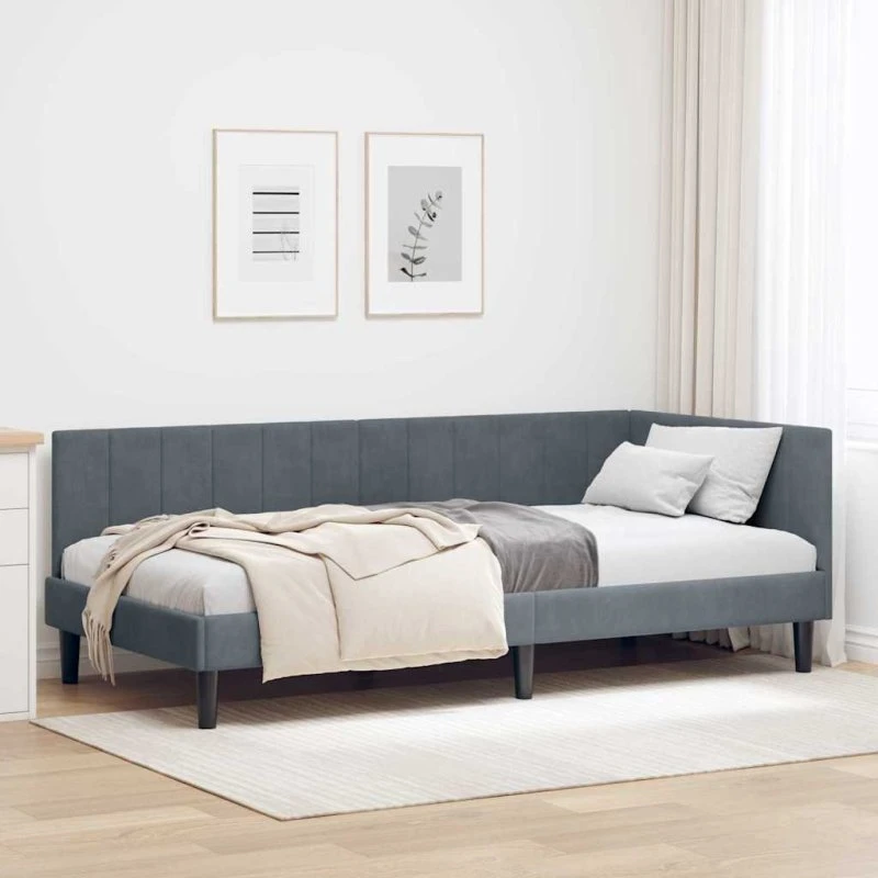 Hjørnesengramme i fløjl med hovedgærde 90x190 cm - mørkegrå