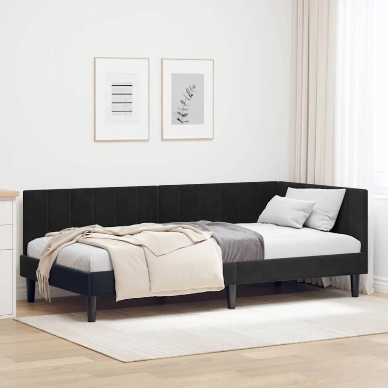 Hjørnesengramme i fløjl med hovedgærde 90x190 cm, sort