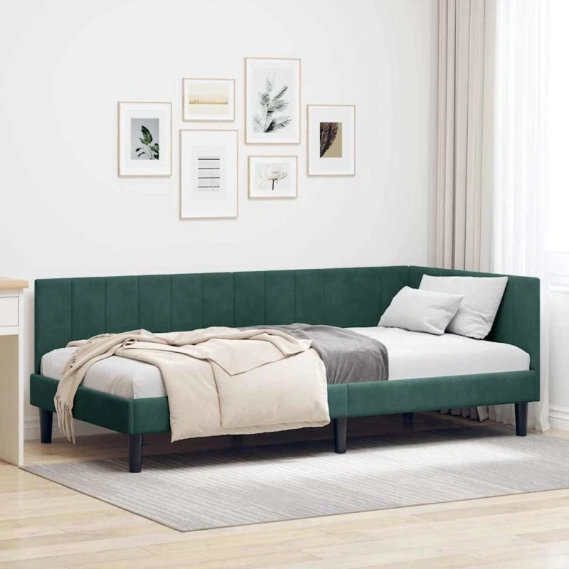 Hjørnesengramme Fløjl Mørkegrøn 90x200 cm med Hovedgærde