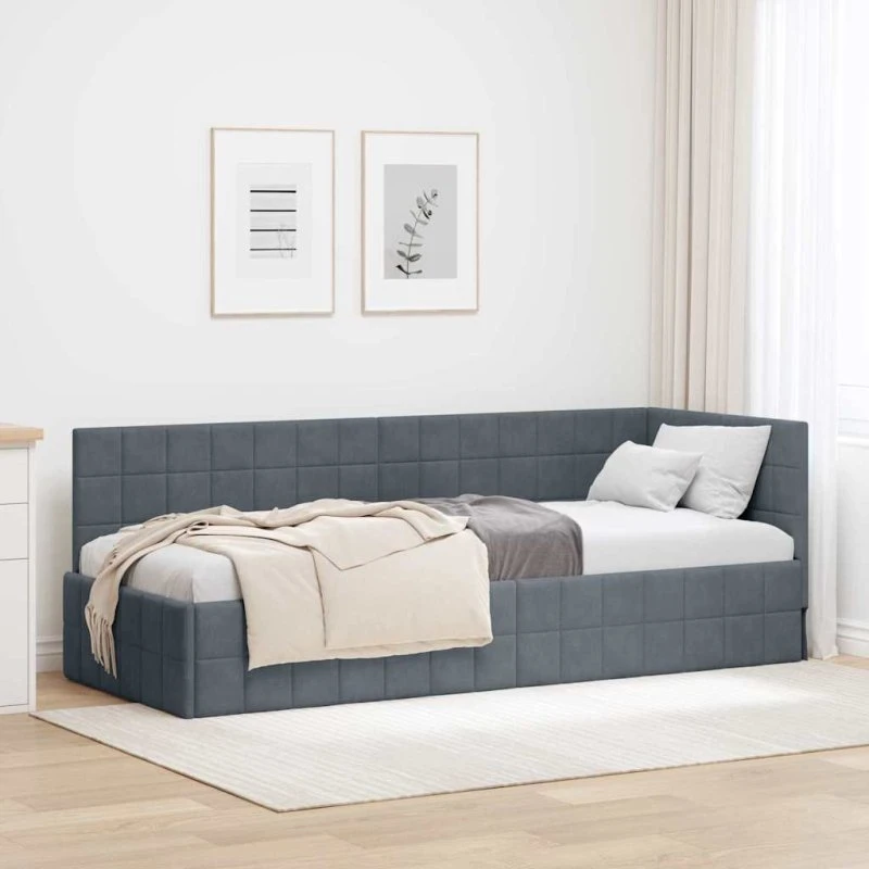 Hjørnesengramme i mørkegrå fløjl 80x200 cm med hovedgærde