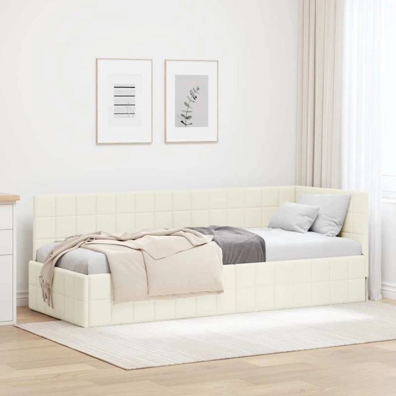 Hjørnesengramme 80x200 cm Fløjl Creme – L-formet