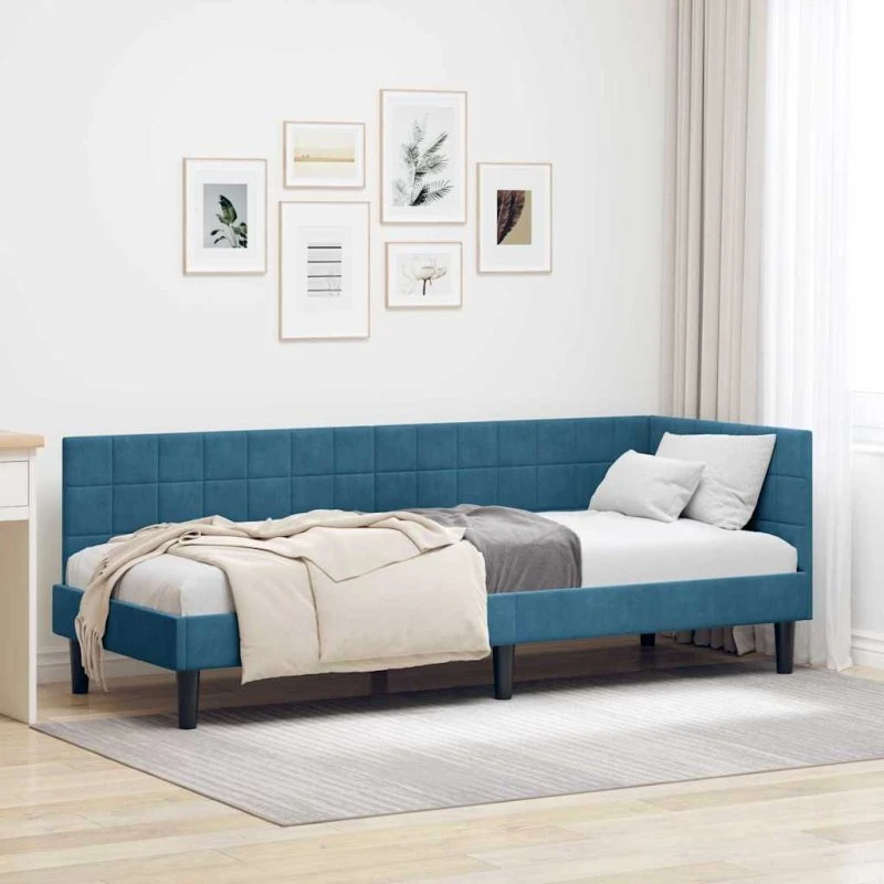 Hjørnesengramme 80x200 cm blå fløjl - polstret hovedgærde