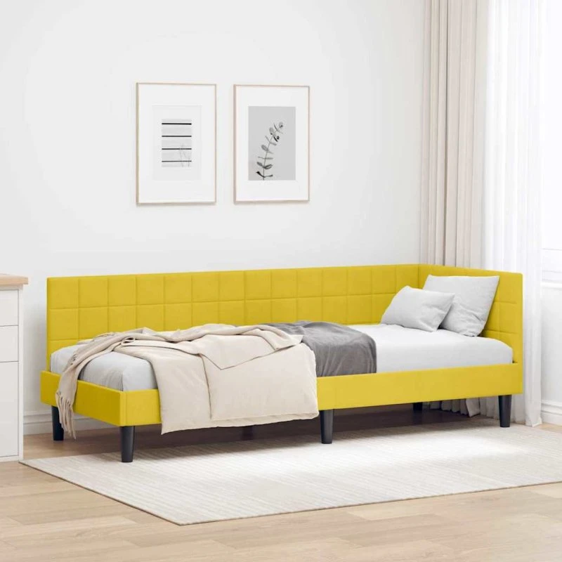 Hjørnesengramme i fløjl med hovedgærde, Gul 80x200 cm