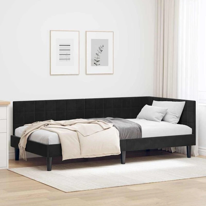 Sort fløjls hjørnesengramme med hovedgærde 100x200 cm