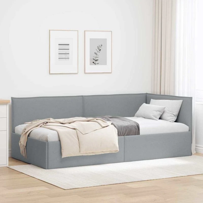 Lysegrå hjørnesengramme i stof 100x200 cm med hovedgærde