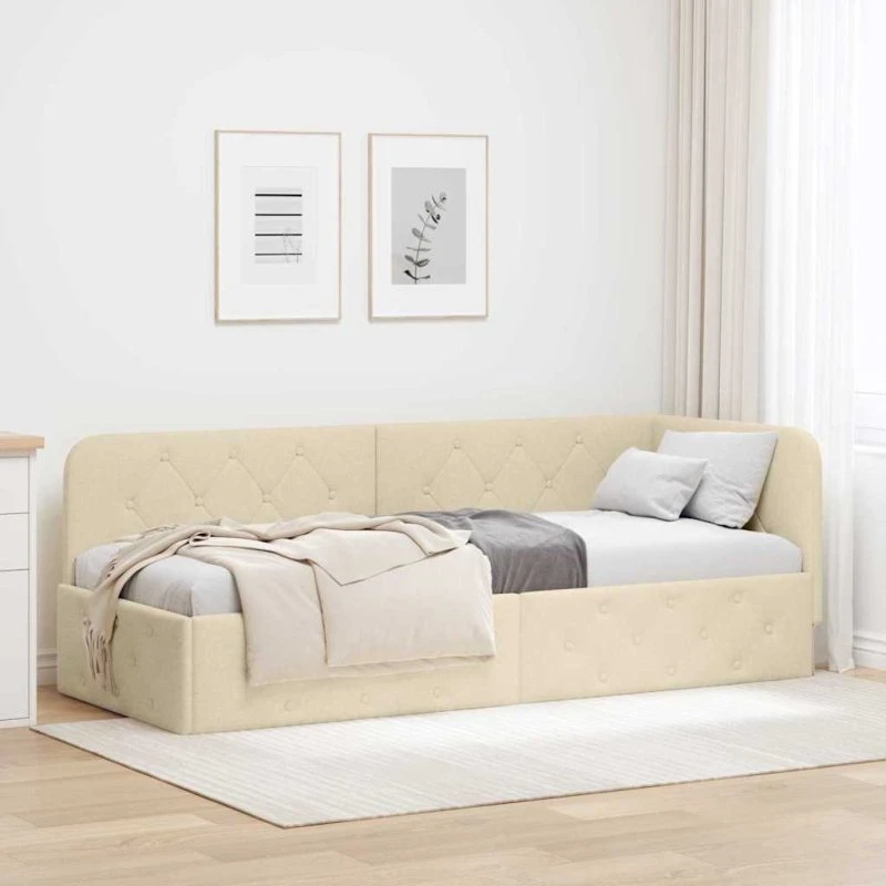 Hjørnesengramme L-formet Creme 80x200 cm - Stof