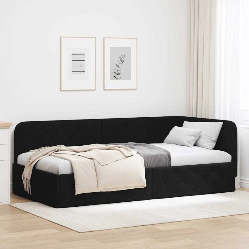 Hjørnesengramme L-formet 90x200 cm - Sort stof