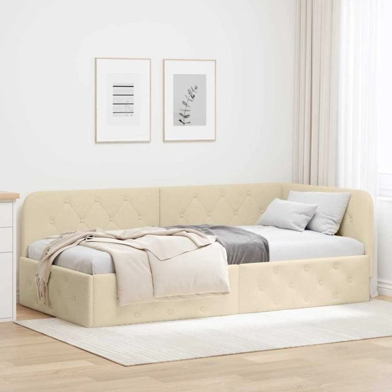 Hjørnesengramme L-formet Creme 100x200 cm - Stof