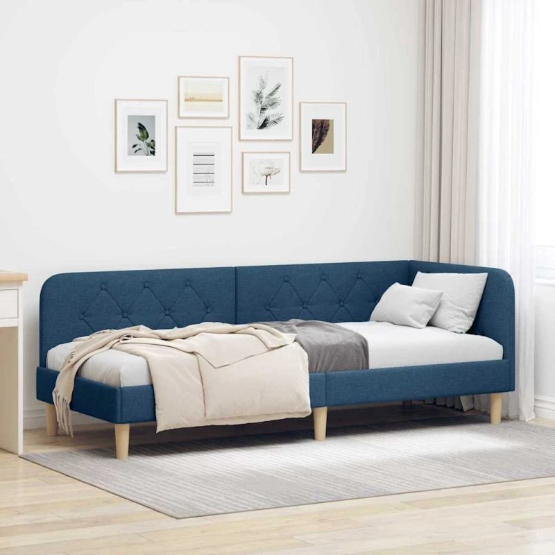 Hjørnesengramme blå stof 80x200 cm - L-formet