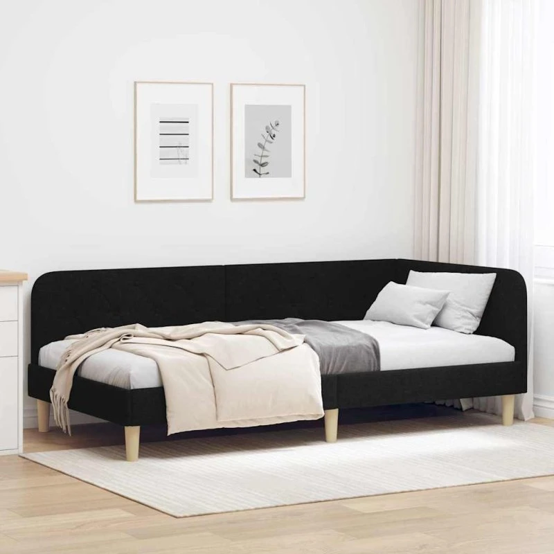 Hjørnesengramme L-formet Sort 90x190 cm i Stof