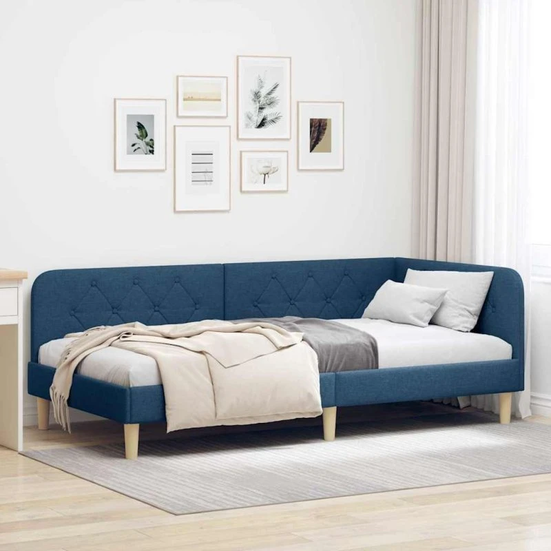 Hjørnesengramme L-formet Blå 90x190 cm - Stof