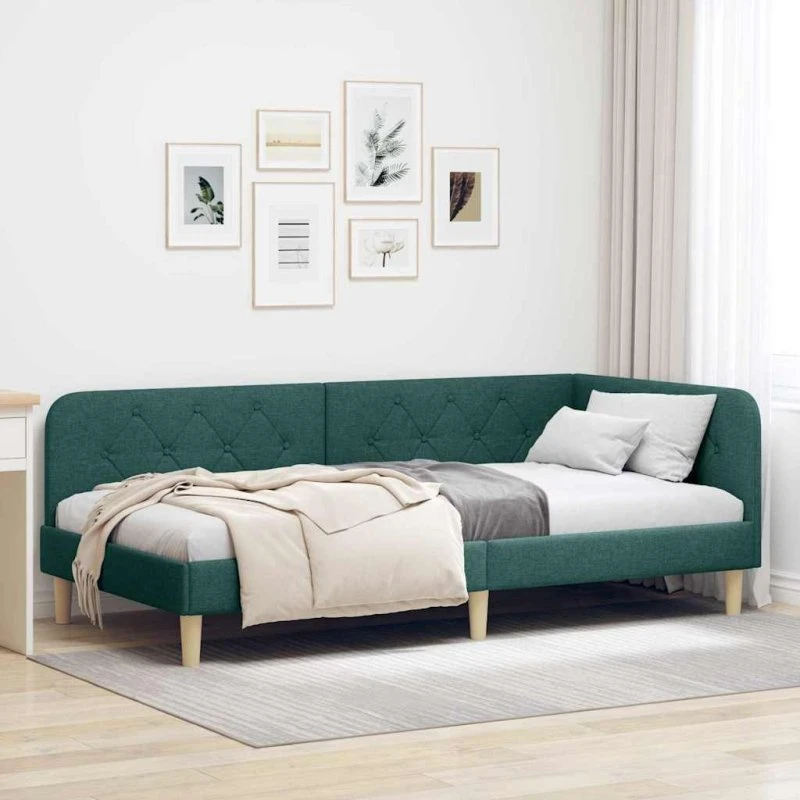 Hjørnesengramme L-form 90x200 cm Mørkegrøn Stof