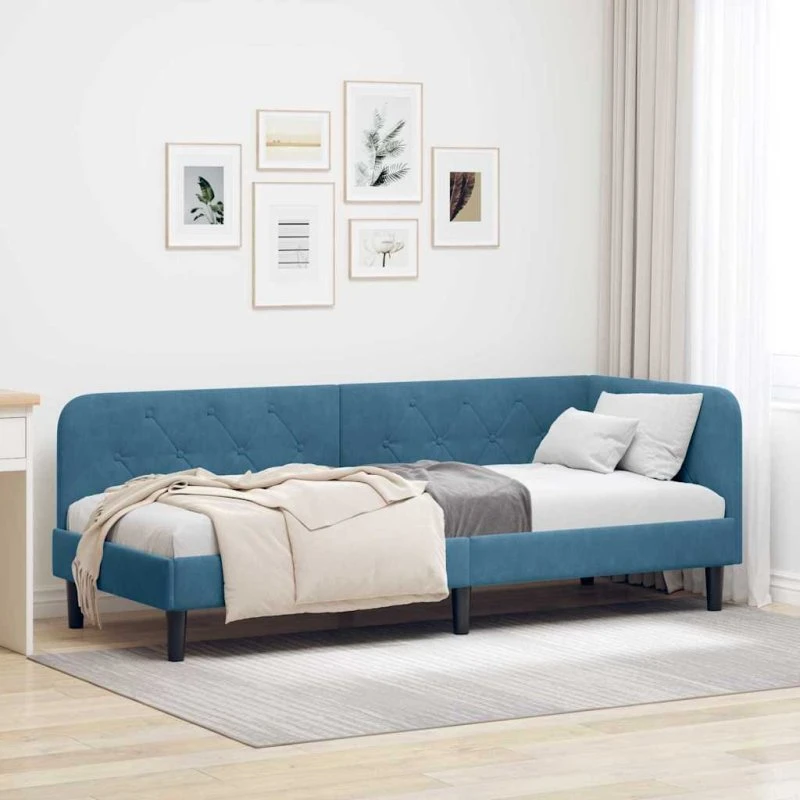 Hjørnesengramme 80x200 cm i fløjl - Blå