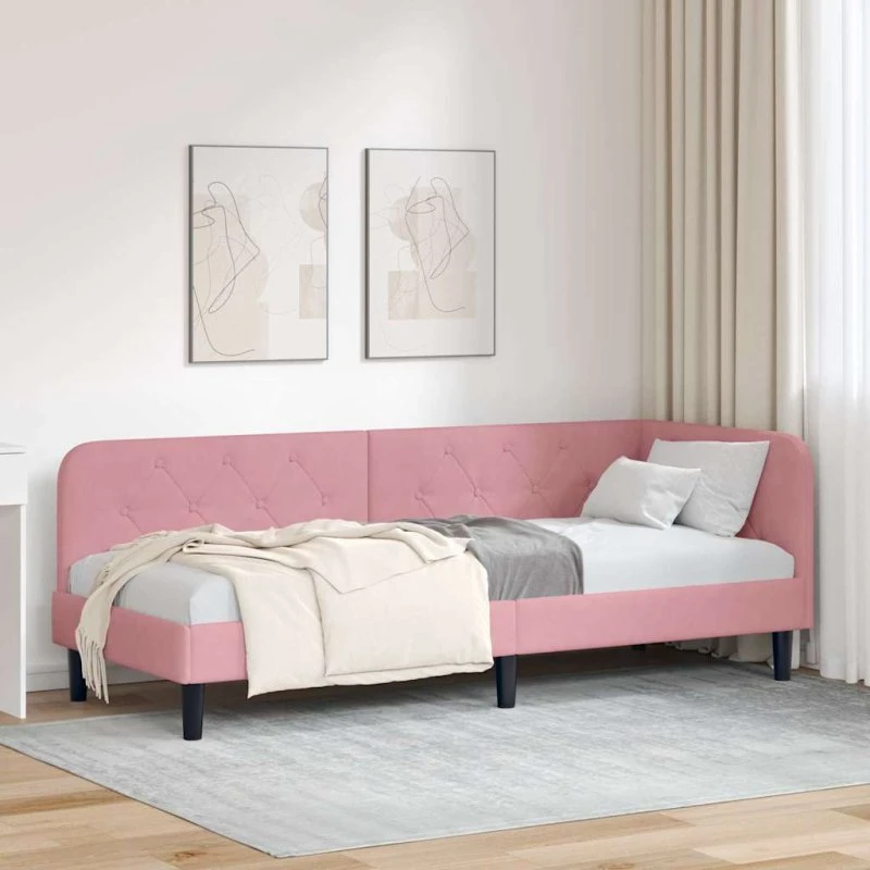 Hjørnesengramme L-formet Lyserød Fløjl 80x200 cm